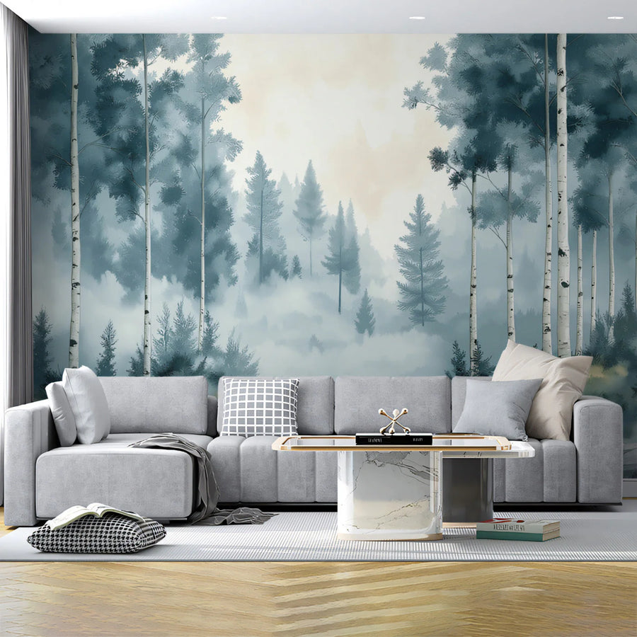 Misty Birch Forest Mural Wallpaper — Cool Watercolor Landscape Mural Wallpaper