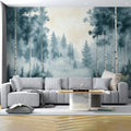 Misty Birch Forest Mural Wallpaper — Cool Watercolor Landscape Mural Wallpaper - pure wallpaper artwork