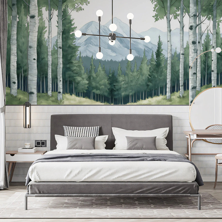 Birch Forest and Mountain Vista Mural Wallpaper — Artistic Design Mural Wallpaper