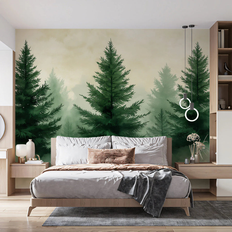 Misty Pine Forest Mural Wallpaper — Impressionistic Woodland Scene Mural Wallpaper