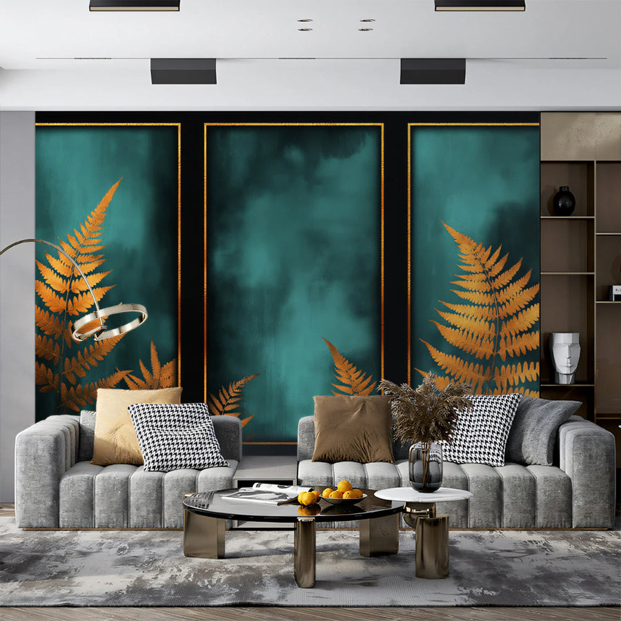 Gilded Fern Mural Wallpaper — Teal and Ochre Botanical Mural Wallpaper