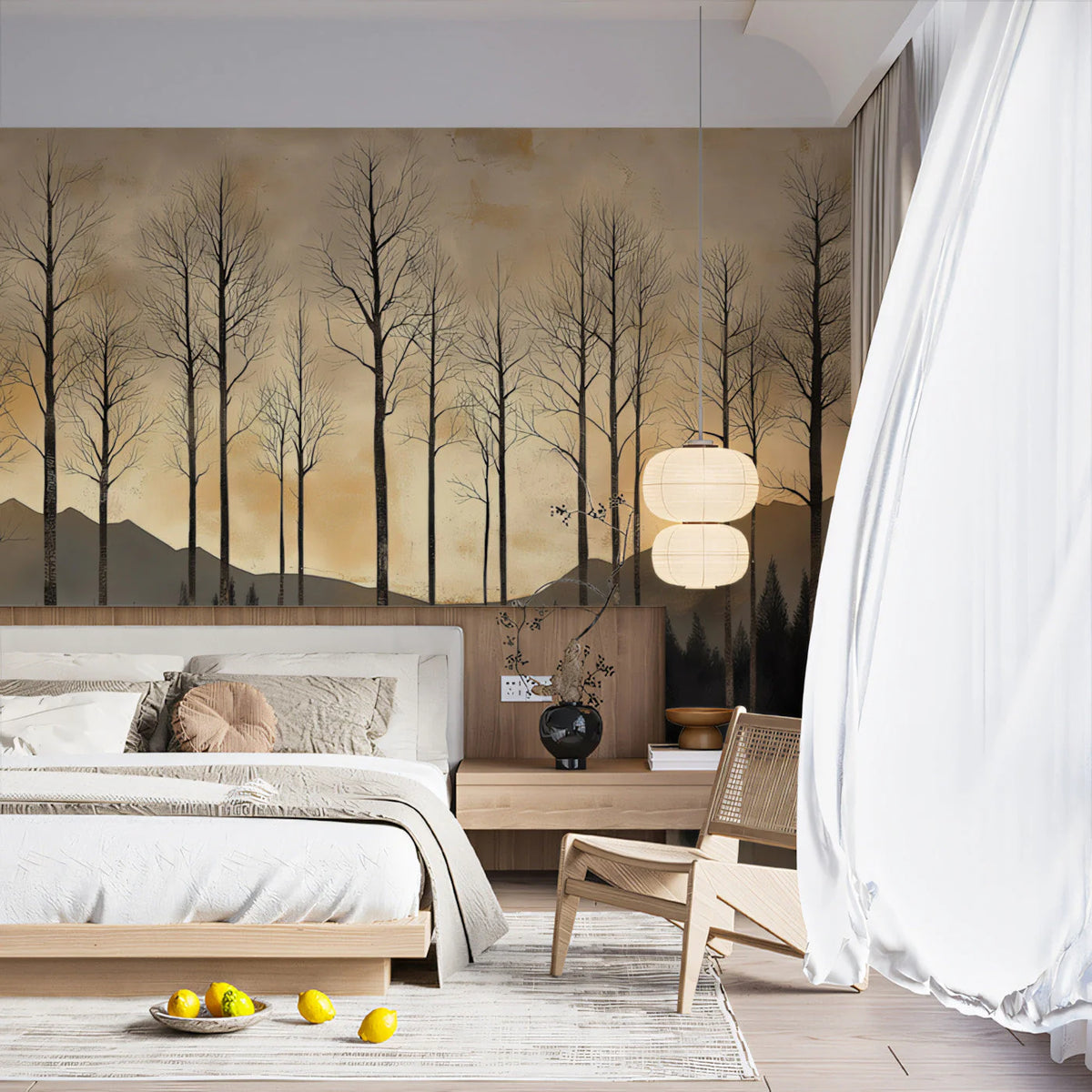 Winter Forest Silhouette Mural Wallpaper — Warm Golden Horizon Mural Wallpaper - pure wallpaper artwork