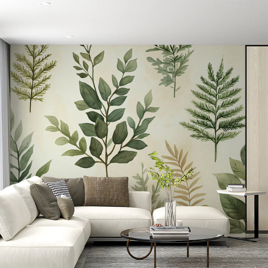 Watercolor Botanical Leaf Mural Wallpaper — Soft Earthy Tones Mural Wallpaper
