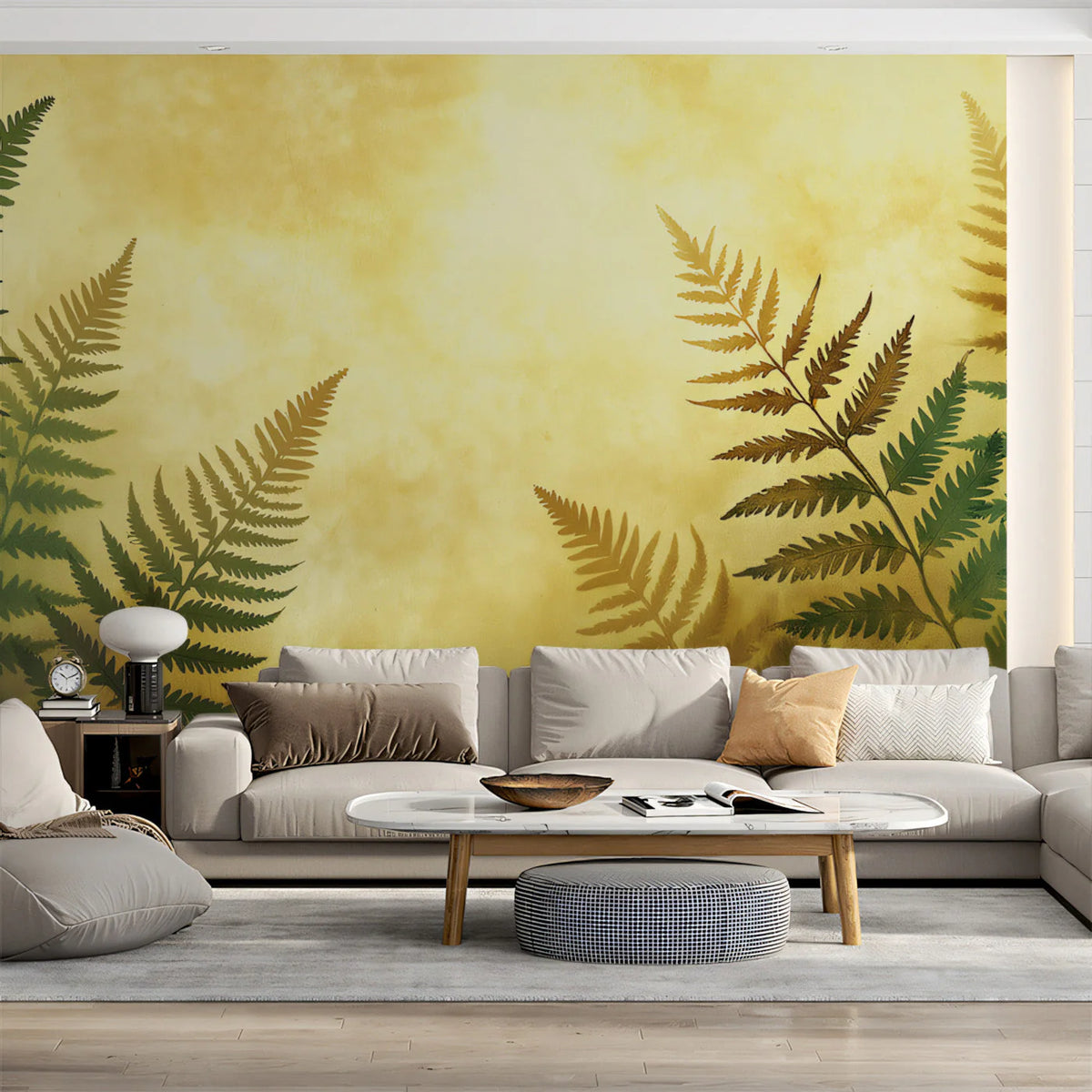 Golden Fern Botanical Mural Wallpaper — Warm Sunlight Glow Mural Wallpaper - pure wallpaper artwork