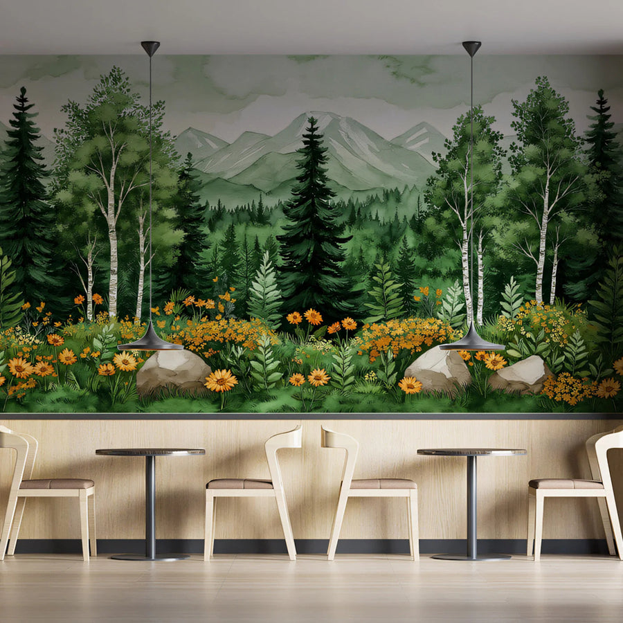 Misty Mountain Forest Mural Wallpaper with Golden Wildflowers Mural Wallpaper