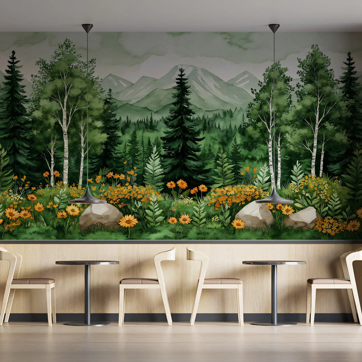 Misty Mountain Forest Mural Wallpaper with Golden Wildflowers Mural Wallpaper - pure wallpaper artwork