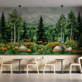 Misty Mountain Forest Mural Wallpaper with Golden Wildflowers Mural Wallpaper - pure wallpaper artwork