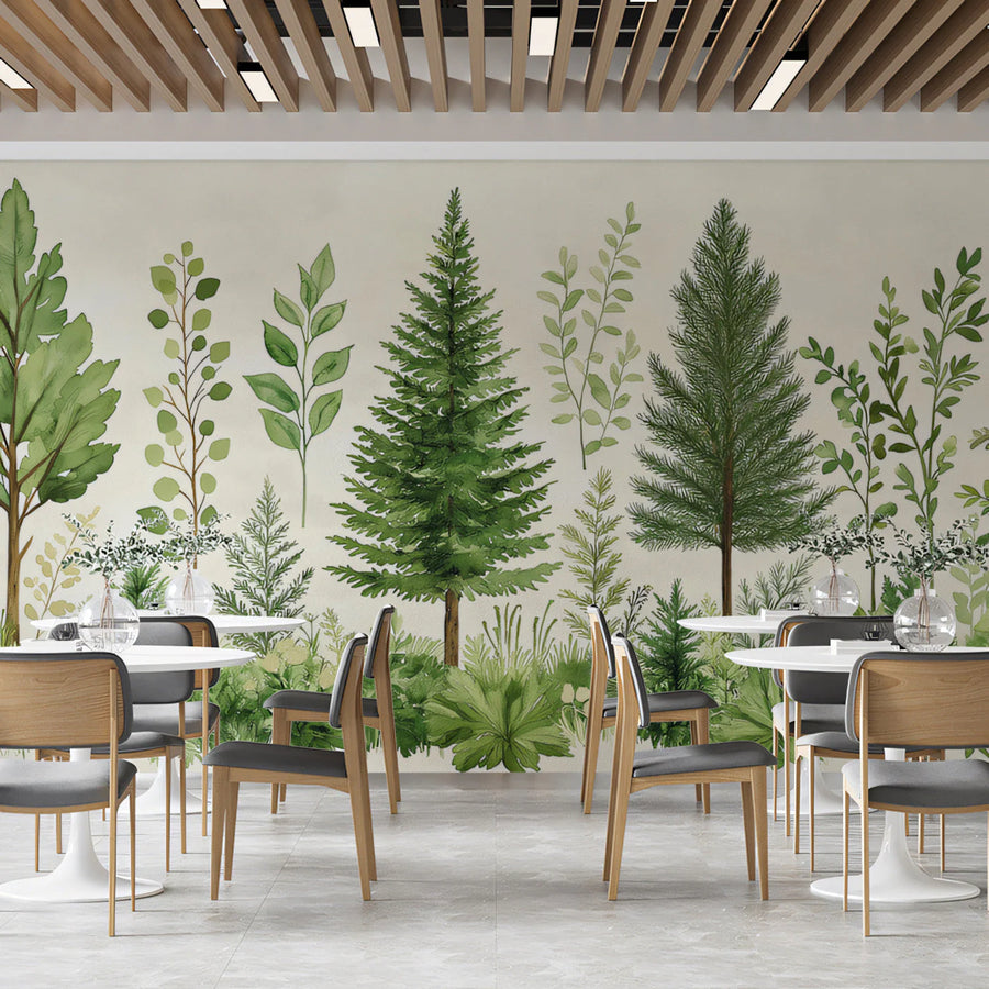 Watercolor Forest Gathering Mural Wallpaper — Gentle Botanical Mural Wallpaper