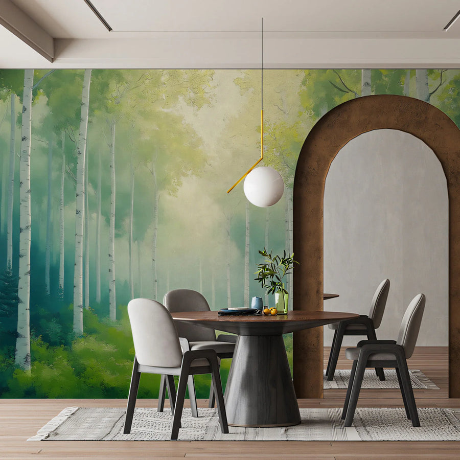 Sunlit Birch Forest Mural Wallpaper — Impressionistic Woodland Scene Mural Wallpaper