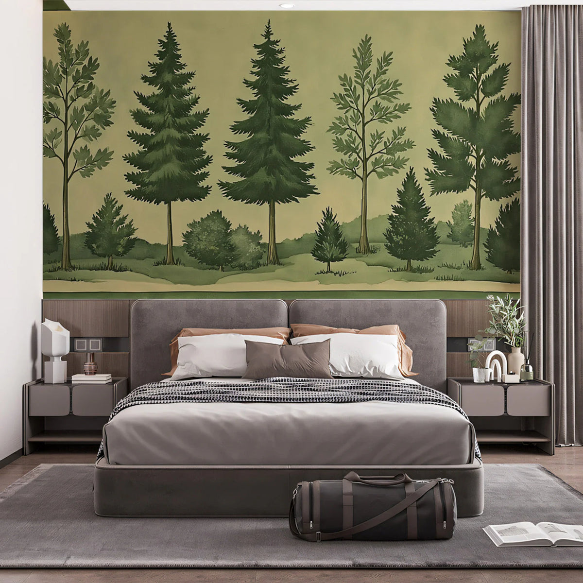 Hand-Painted Forest Scenic Mural Wallpaper in Sage and Pine Mural Wallpaper - pure wallpaper artwork