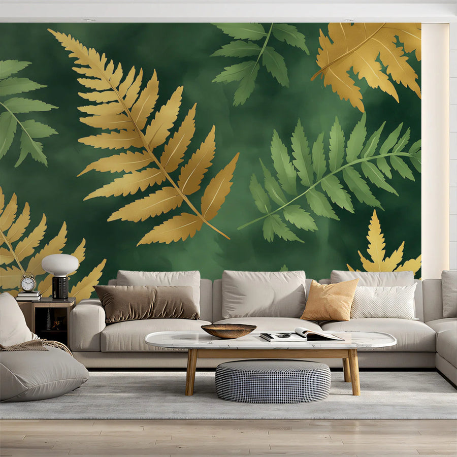 Gilded Fern Botanical Mural Wallpaper — Deep Green and Gold Mural Wallpaper