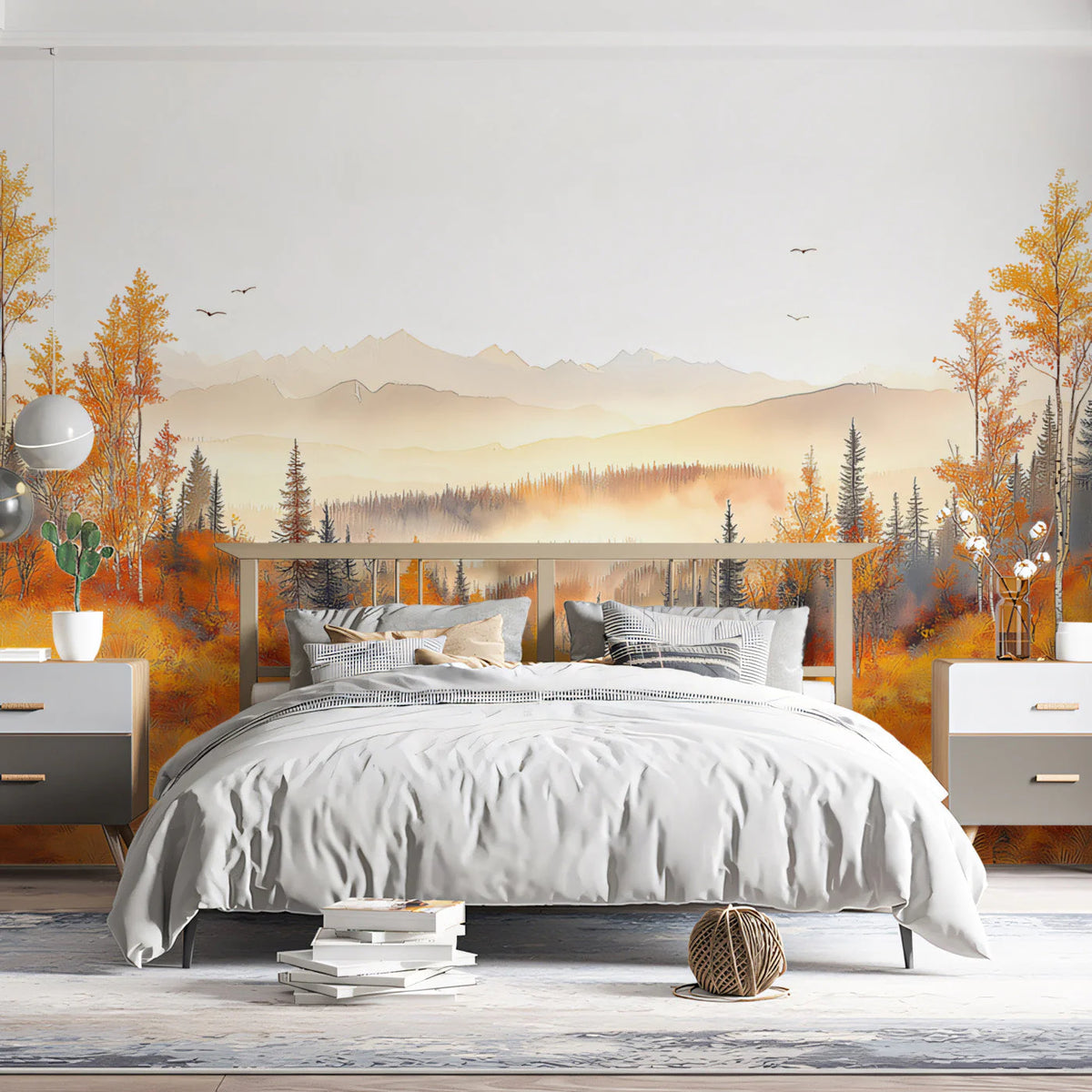 Autumn Mountain Forest Mural Wallpaper — Painted Landscape Mural Wallpaper - pure wallpaper artwork