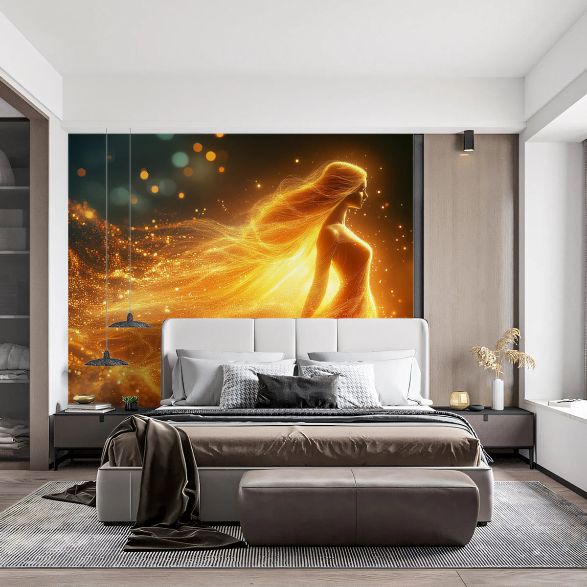 Celestial Goddess Gold Mural Wallpaper — Ethereal Cosmic Design Mural Wallpaper - pure wallpaper artwork