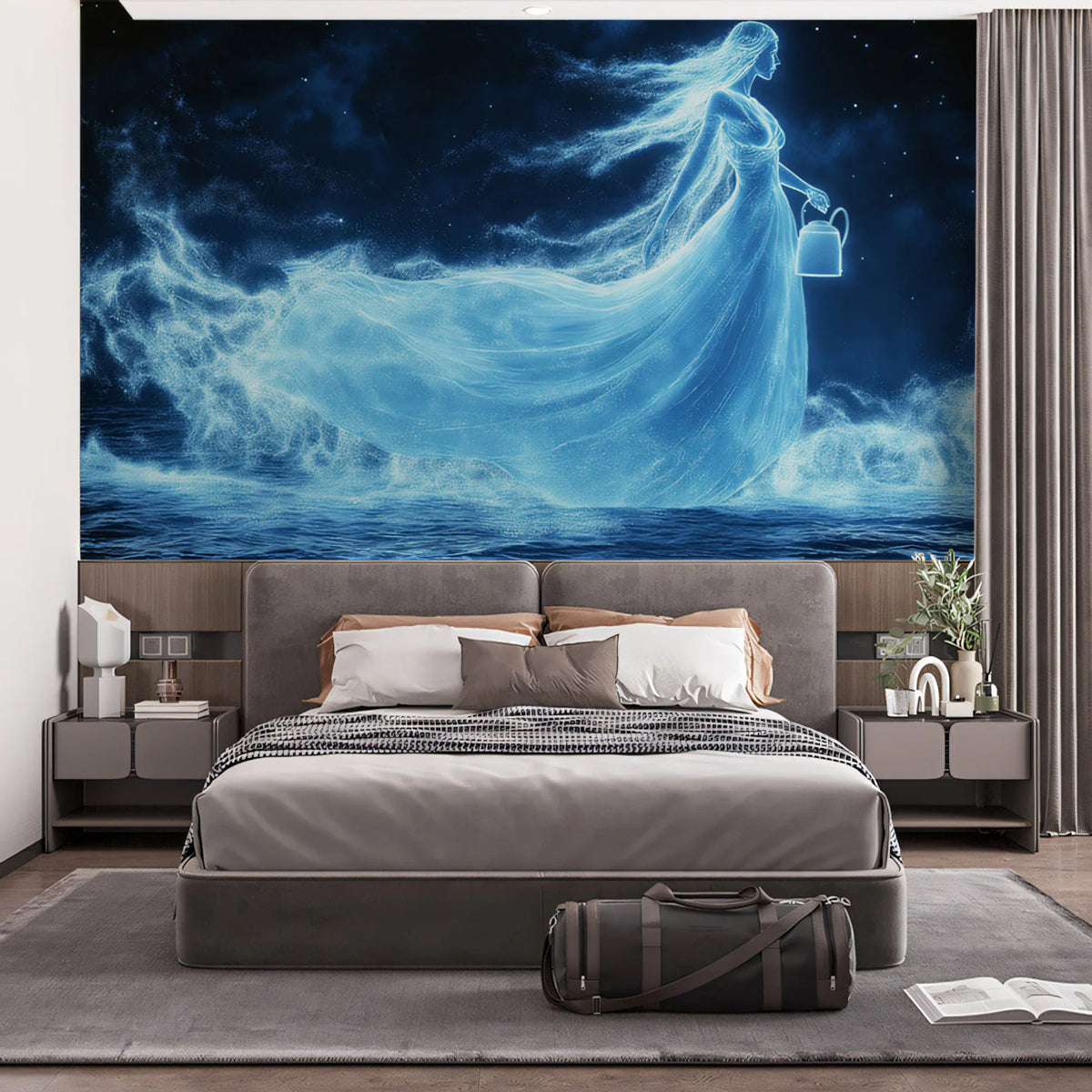 Celestial Water Nymph Mural Wallpaper — Ethereal Night Sky Design Mural Wallpaper - pure wallpaper artwork
