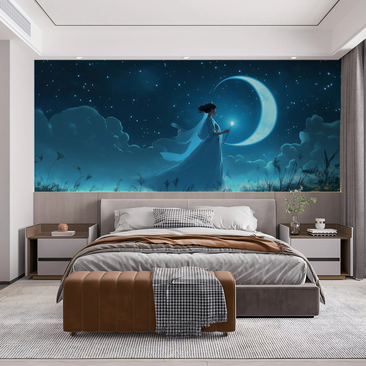 Moonlit Wanderer Mural Wallpaper — Whimsical Night Sky Scene Mural Wallpaper - pure wallpaper artwork
