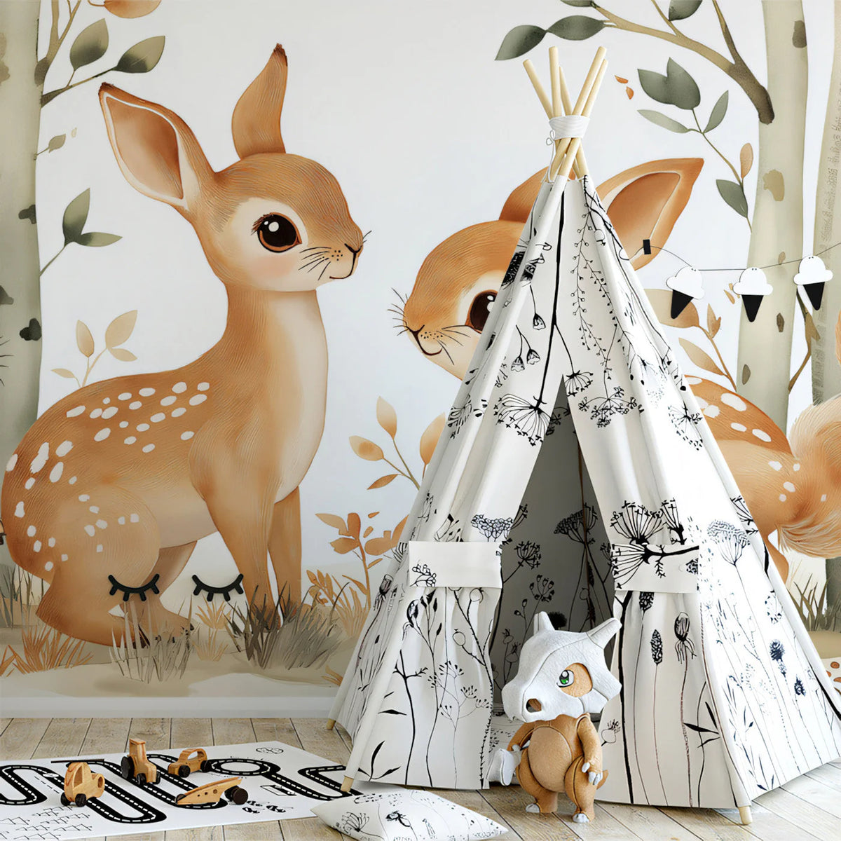 Whimsical Woodland Friends Mural Wallpaper — Soft Earthy Tones Mural Wallpaper - pure wallpaper artwork