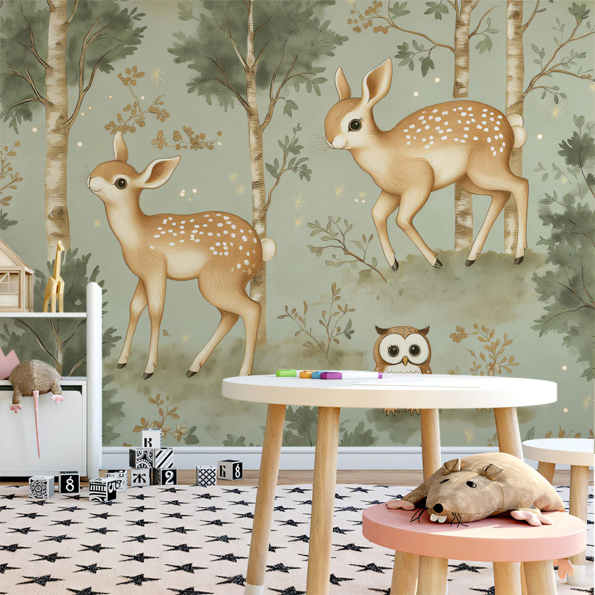 Enchanted Woodland Fawn Mural Wallpaper — Whimsical Forest Design Mural Wallpaper - pure wallpaper artwork