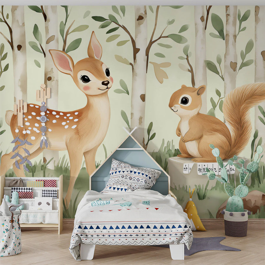 Woodland Friends Illustration Mural Wallpaper — Soft Forest Scene Mural Wallpaper