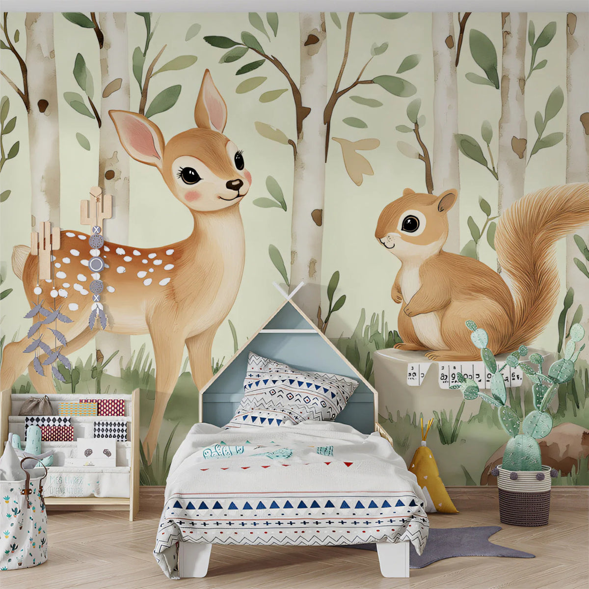 Woodland Friends Illustration Mural Wallpaper — Soft Forest Scene Mural Wallpaper - pure wallpaper artwork