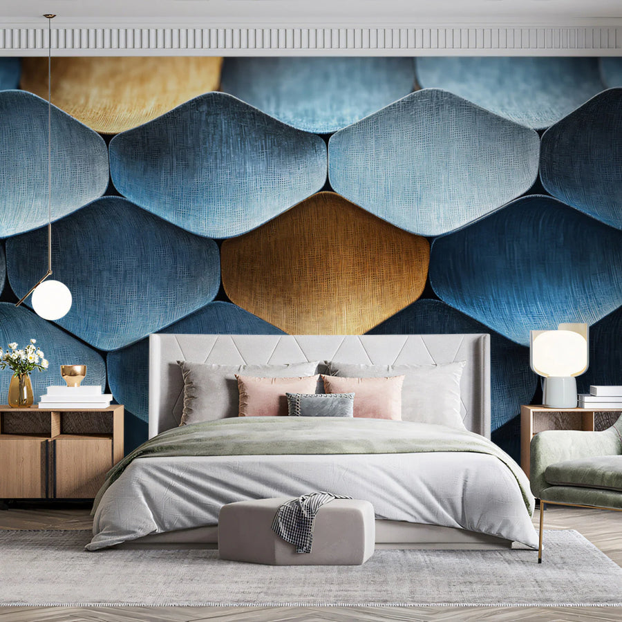 Interlocking Geometric Mural Wallpaper in Blue and Gold Mural Wallpaper