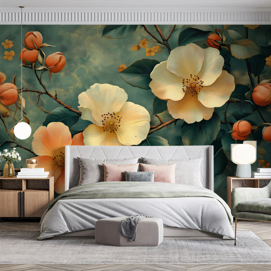 Painterly Wildflower Garden Mural Wallpaper in Soft Teal and Peach Mural Wallpaper