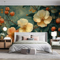 Painterly Wildflower Garden Mural Wallpaper in Soft Teal and Peach Mural Wallpaper - pure wallpaper artwork