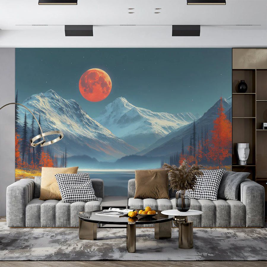 Blood Moon Alpine Peak Mural Wallpaper — Cinematic Sunset Landscape Mural Wallpaper