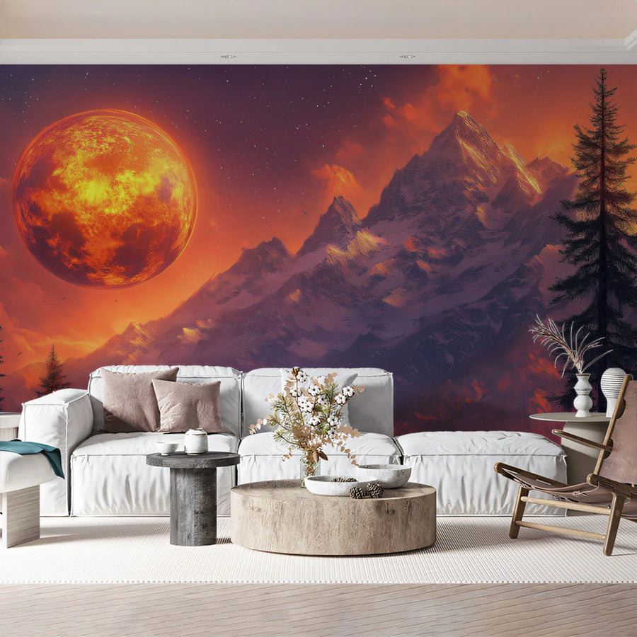 Fiery Lunar Mountain Landscape Mural Wallpaper — Whimsical Decor Mural Wallpaper
