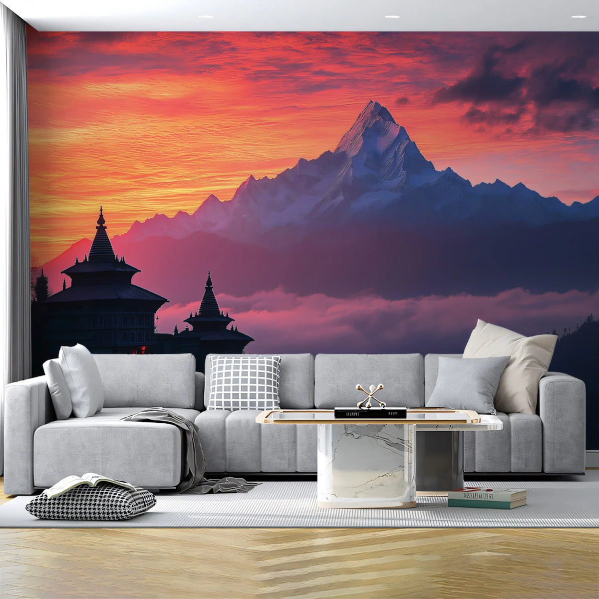Himalayan Sunrise Temple Mural Wallpaper — Vivid Landscape Decor Mural Wallpaper - pure wallpaper artwork