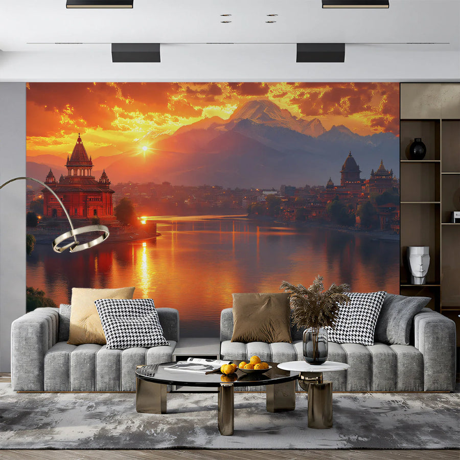 Golden Himalayan Sunset Cityscape Mural Wallpaper