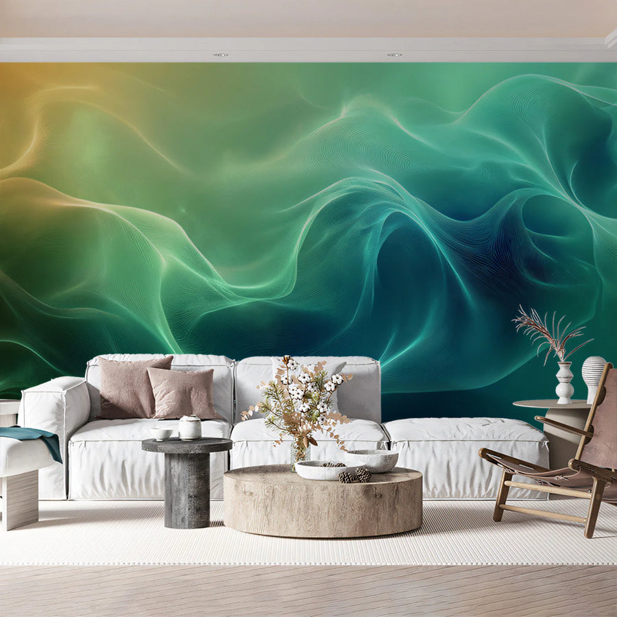 Aurora Flow Abstract Mural Wallpaper — Fluid Ethereal Waves Mural Wallpaper
