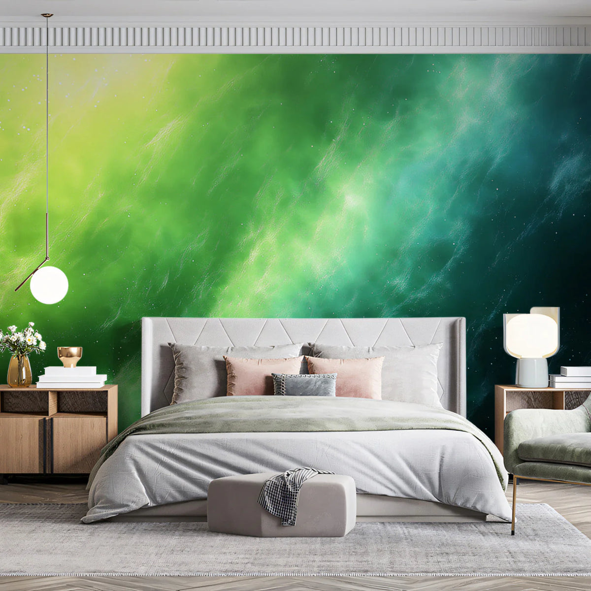 Aurora Borealis Mural Wallpaper — Ethereal Celestial Green Mural Wallpaper - pure wallpaper artwork