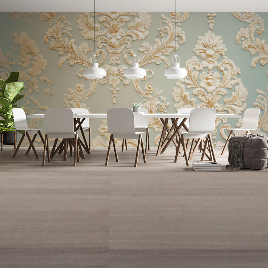 Damask Scroll Mural Wallpaper in Pale Sage and Cream Mural Wallpaper