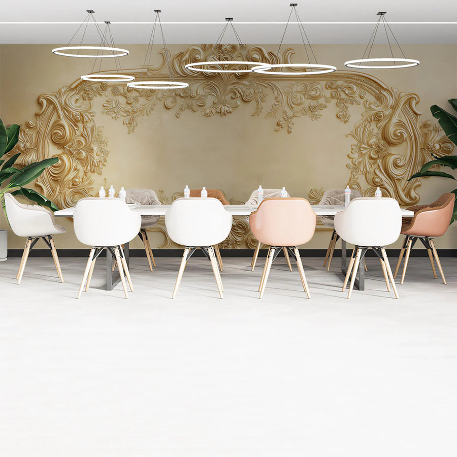 Ornate Baroque Damask Mural Wallpaper — Cream and Gold Relief Mural Wallpaper