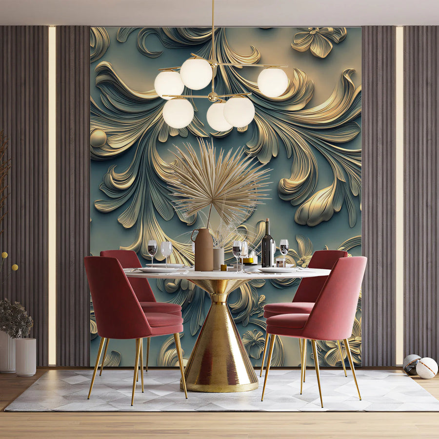 Golden Baroque Floral Mural Wallpaper — Sculpted Relief Effect Mural Wallpaper