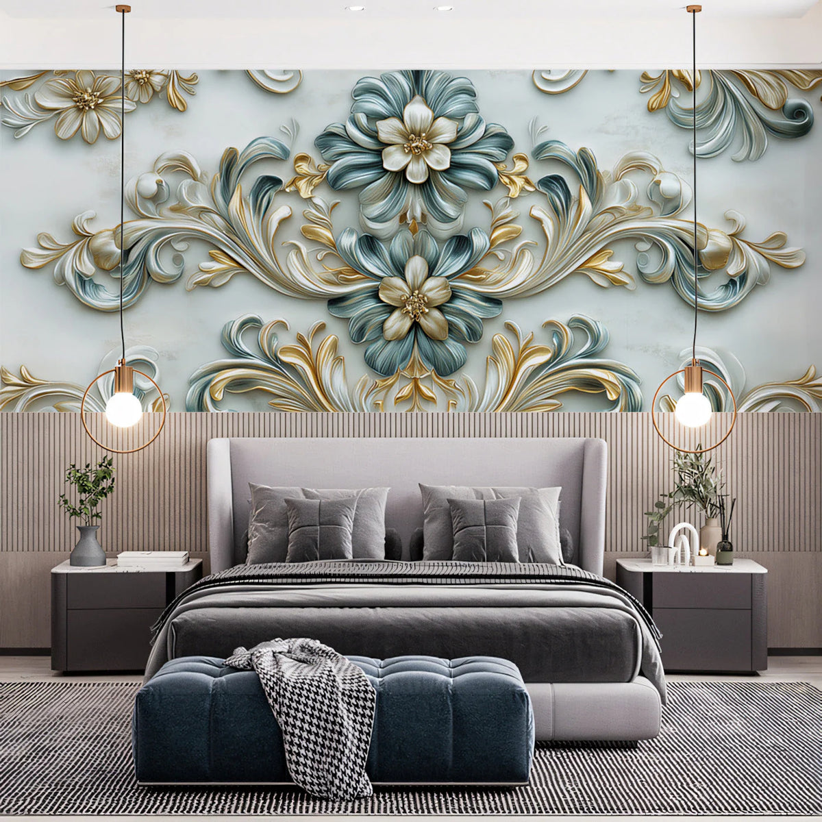 Baroque Floral Relief Mural Wallpaper in Soft Blue and Gold Mural Wallpaper - pure wallpaper artwork