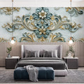 Baroque Floral Relief Mural Wallpaper in Soft Blue and Gold Mural Wallpaper - pure wallpaper artwork