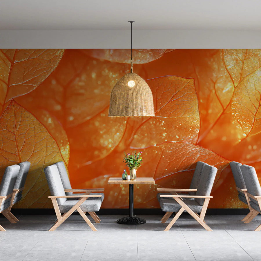 Sun-Drenched Amber Leaf Mural Wallpaper — Organic Botanical Design Mural Wallpaper