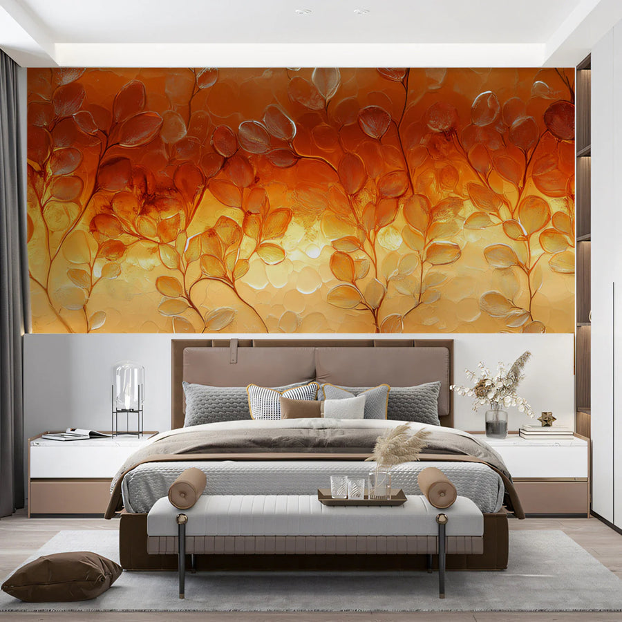 Autumn Leaves Botanical Mural Wallpaper — Warm Amber and Gold Mural Wallpaper