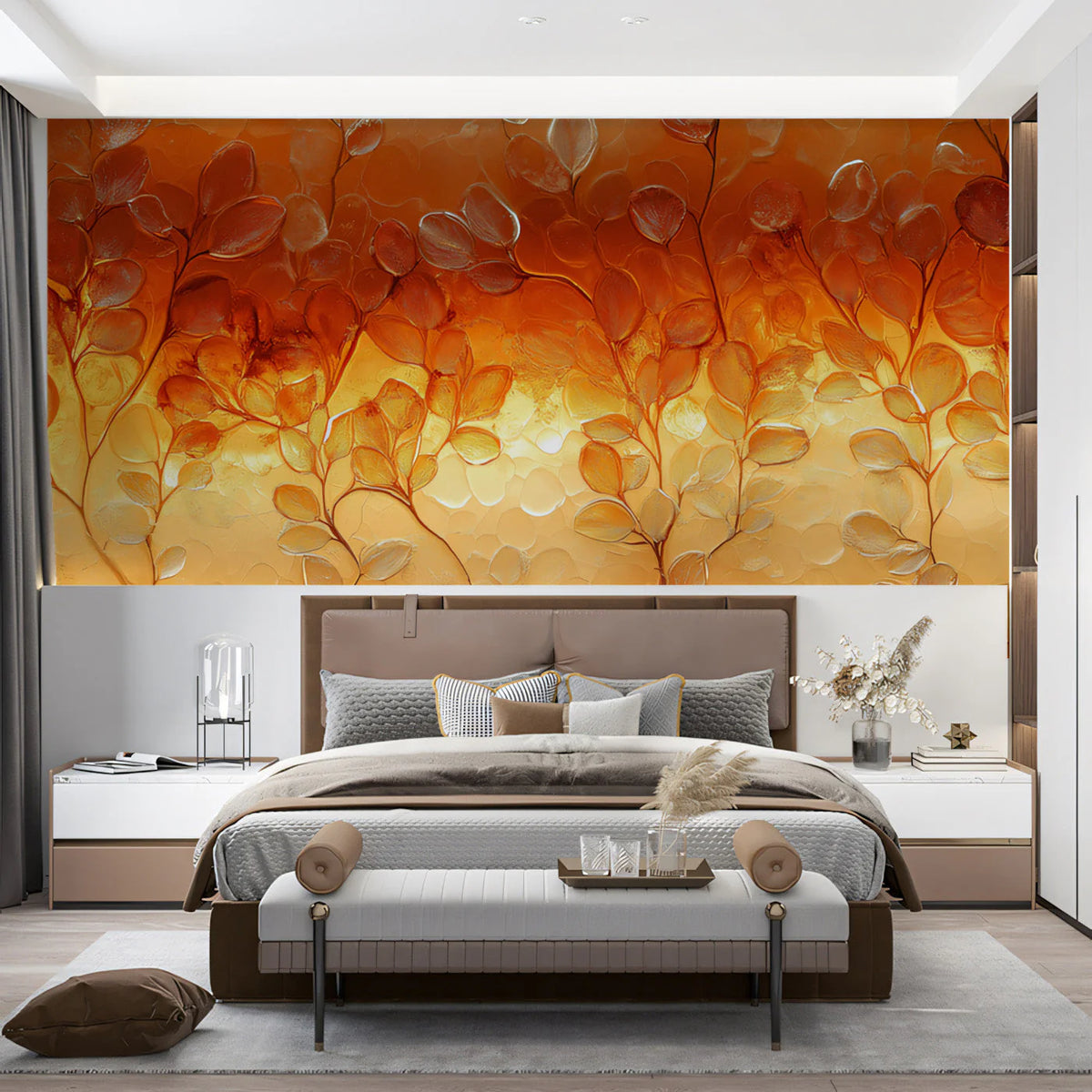 Autumn Leaves Botanical Mural Wallpaper — Warm Amber and Gold Mural Wallpaper - pure wallpaper artwork