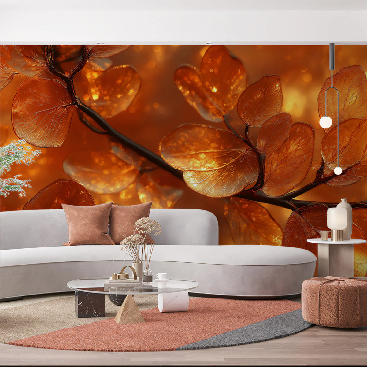 Gilded Autumn Foliage Mural Wallpaper — Warm Botanical Design Mural Wallpaper - pure wallpaper artwork