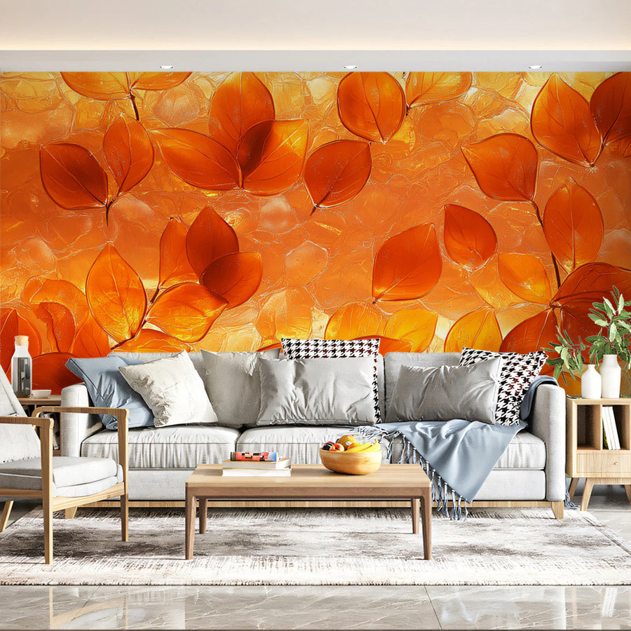 Autumn Leaves Mural Wallpaper — Radiant Copper and Amber Tones Mural Wallpaper