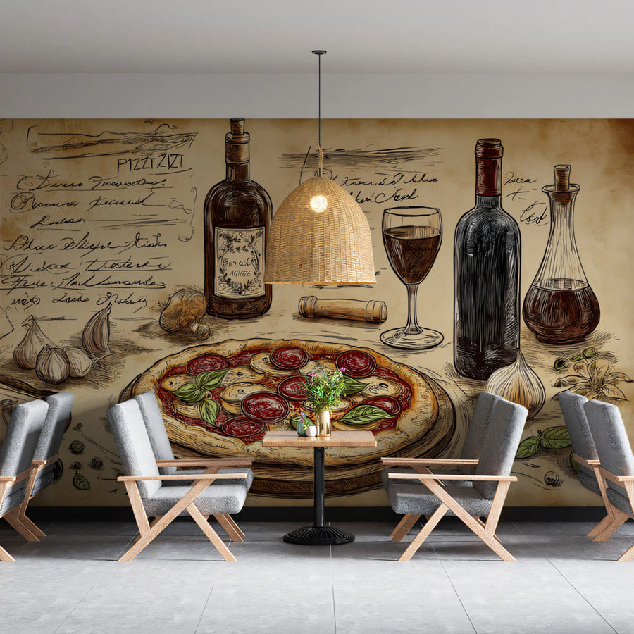 Italian Trattoria Sketch Mural Wallpaper — Rustic Culinary Art Mural Wallpaper