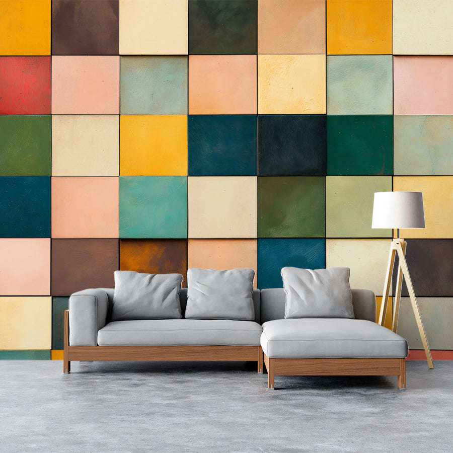 Modern Square Color Block Mural Wallpaper — Multicolored Grid Mural Wallpaper