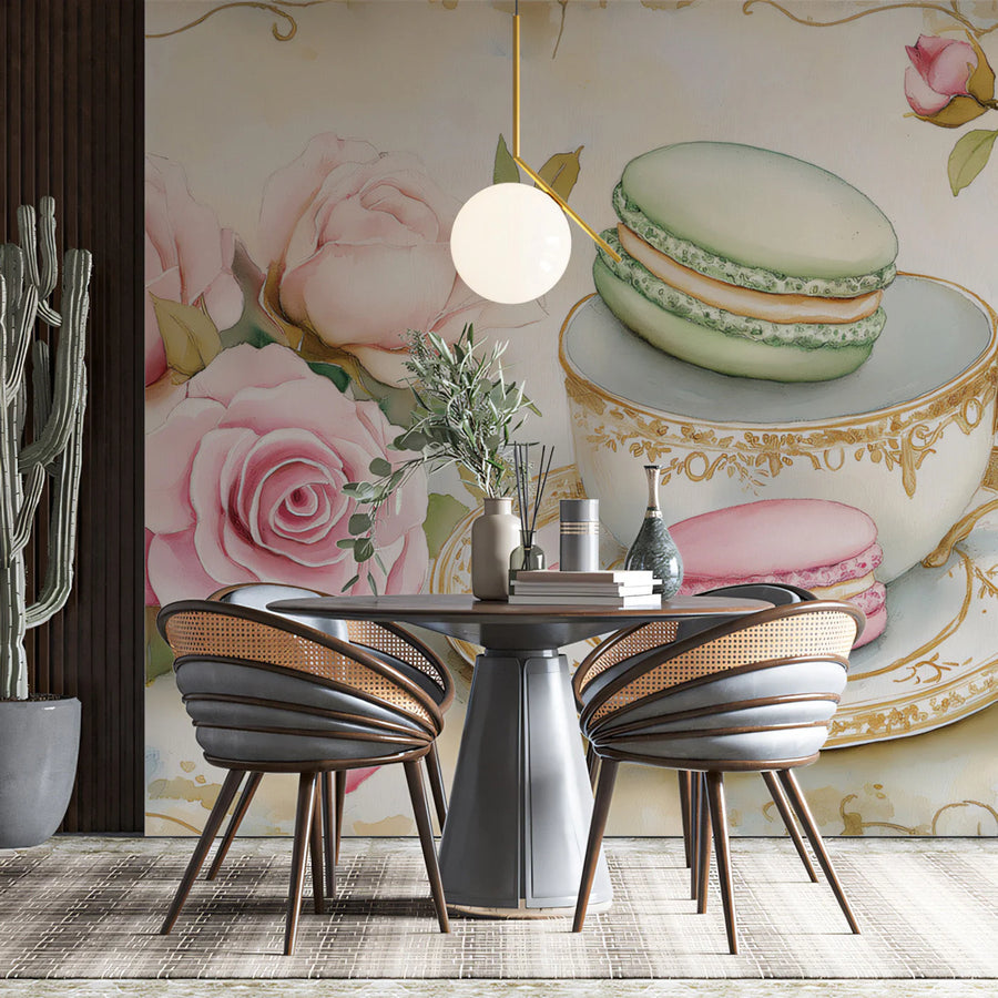 Macaron and Blush Rose Mural Wallpaper — Vintage Tea Time Motif Mural Wallpaper