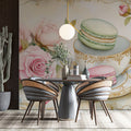 Macaron and Blush Rose Mural Wallpaper — Vintage Tea Time Motif Mural Wallpaper - pure wallpaper artwork