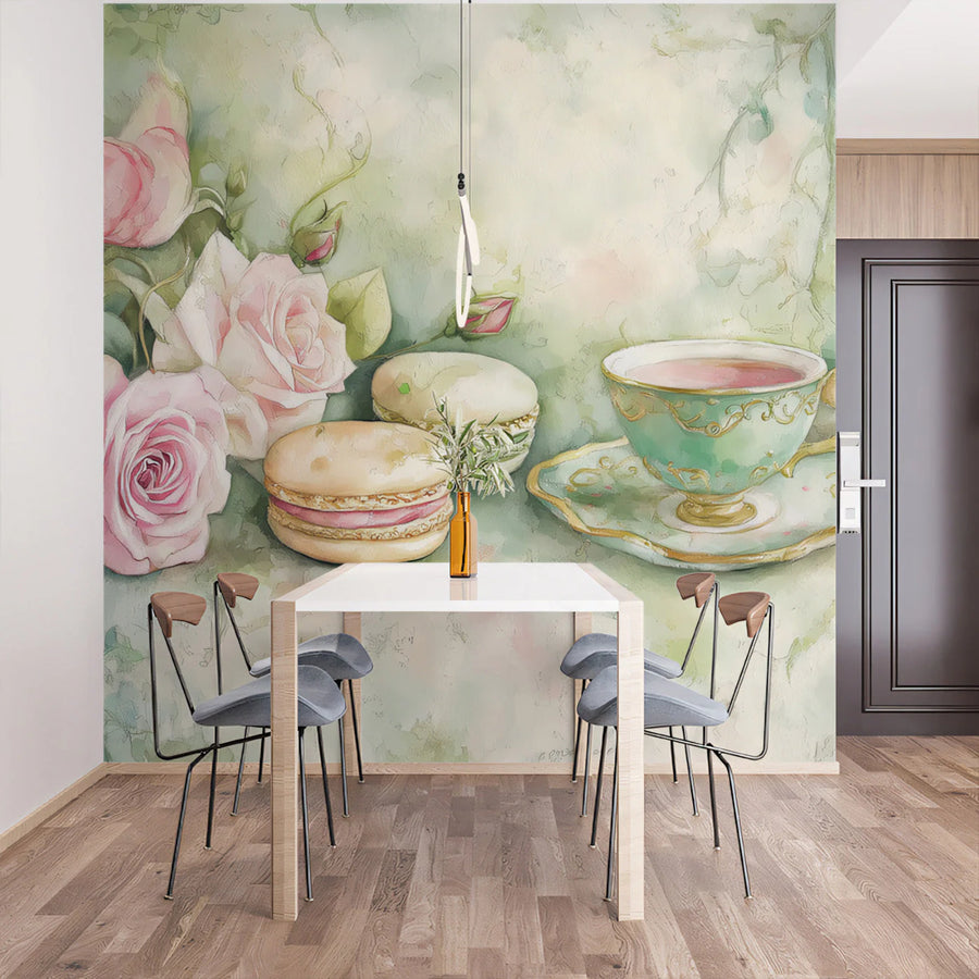 Rose Macaron Teatime Mural Wallpaper — Soft Pastel Floral Design Mural Wallpaper