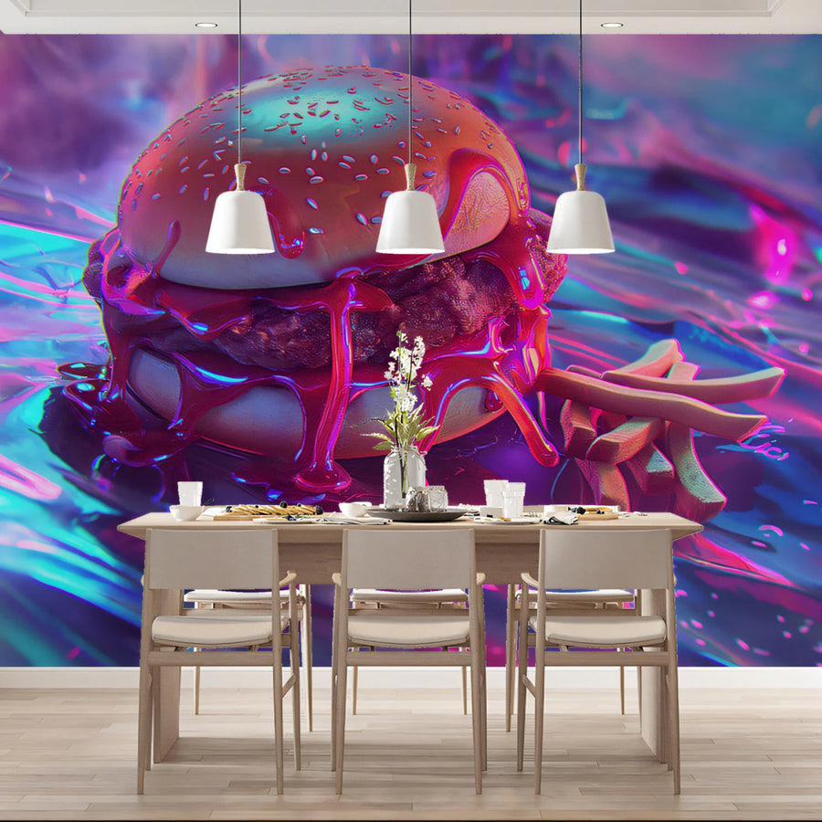 Neon Drip Burger Mural Wallpaper — Modern Pop Art Aesthetic Mural Wallpaper