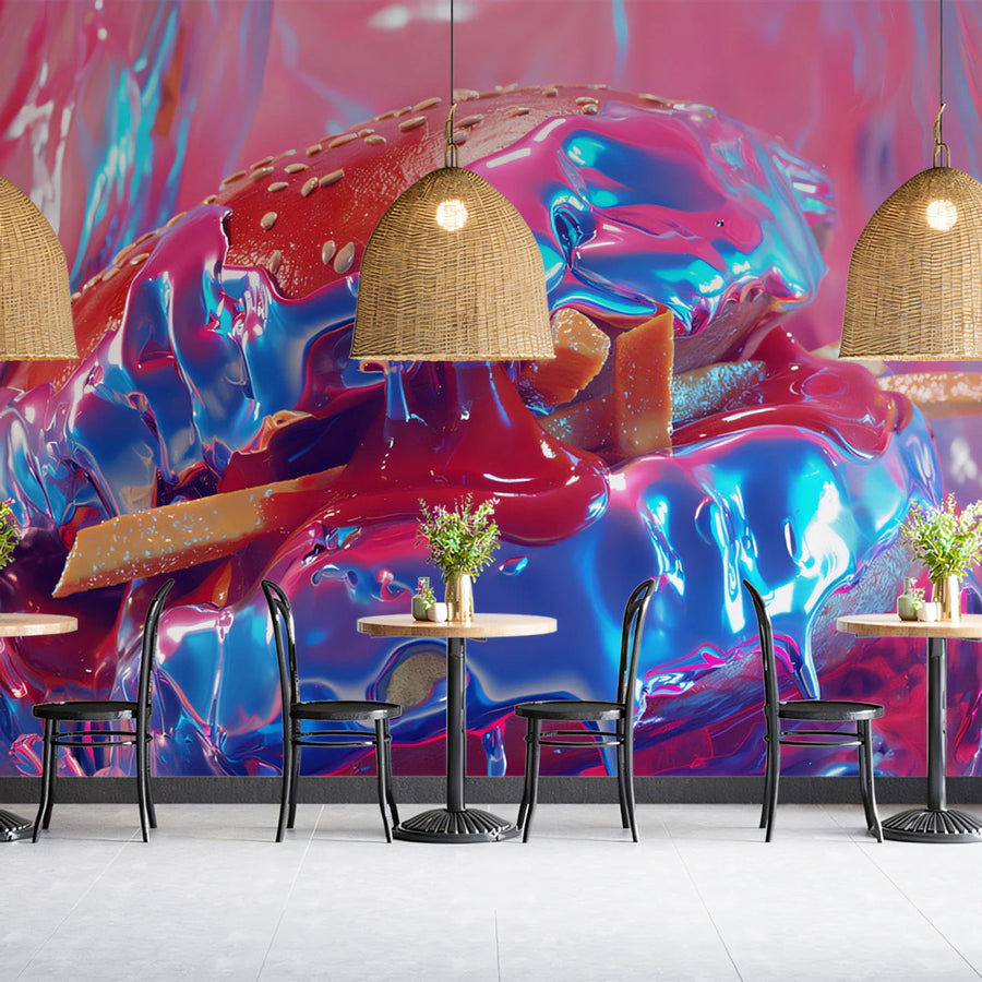 Neon Drip Burger Mural Wallpaper — Vibrant Pop Art Design Mural Wallpaper