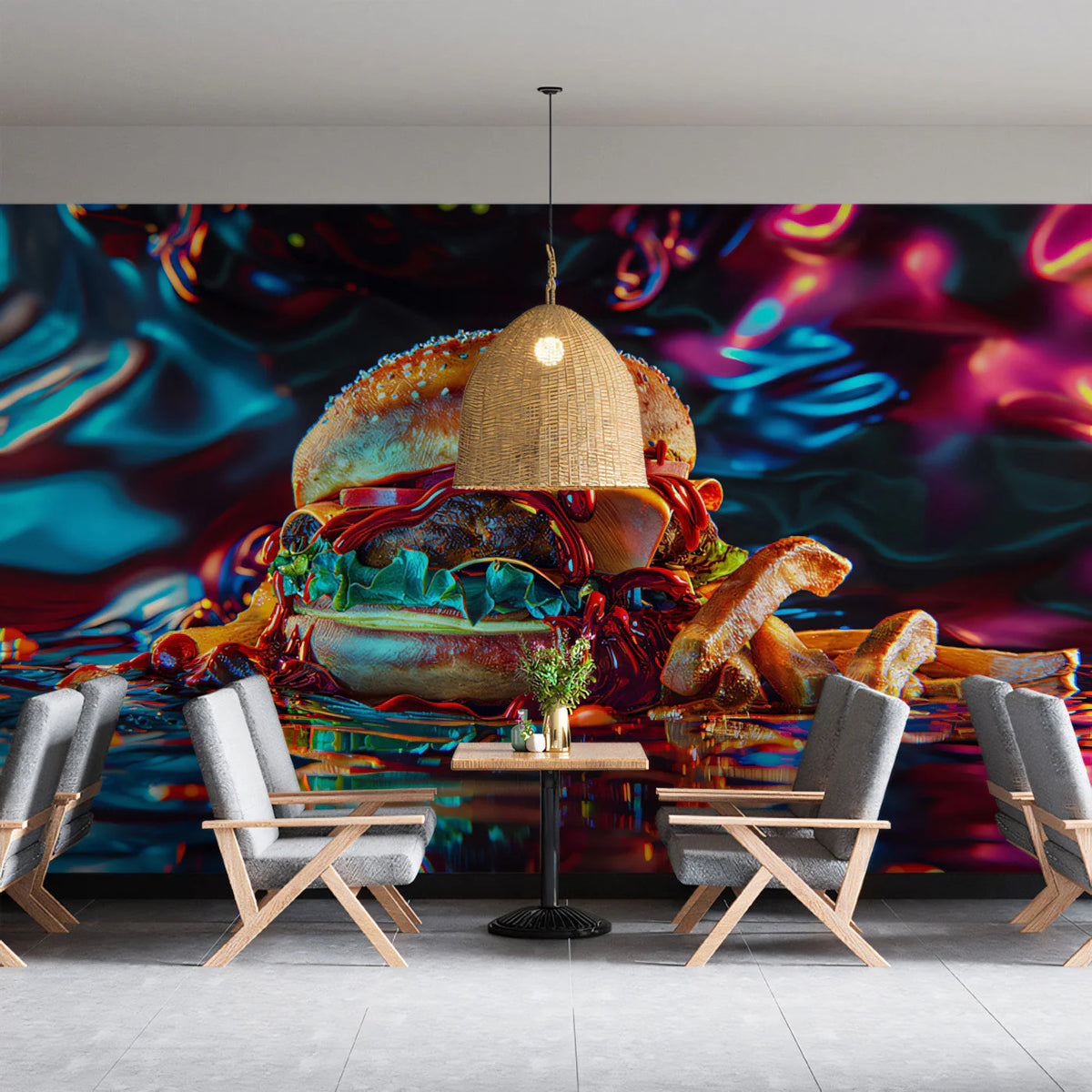 Neon Burger Pop Art Mural Wallpaper — Vibrant Urban Design Mural Wallpaper - pure wallpaper artwork